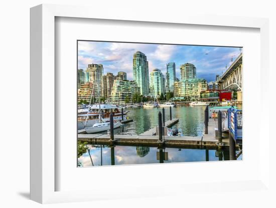 Granville Island, Burrard Street Bridge, yachts and apartment buildings. Vancouver, British Columbi-William Perry-Framed Photographic Print