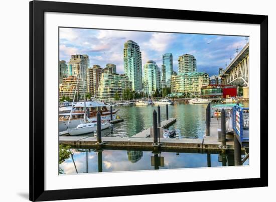 Granville Island, Burrard Street Bridge, yachts and apartment buildings. Vancouver, British Columbi-William Perry-Framed Photographic Print