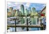 Granville Island, Burrard Street Bridge, yachts and apartment buildings. Vancouver, British Columbi-William Perry-Framed Photographic Print