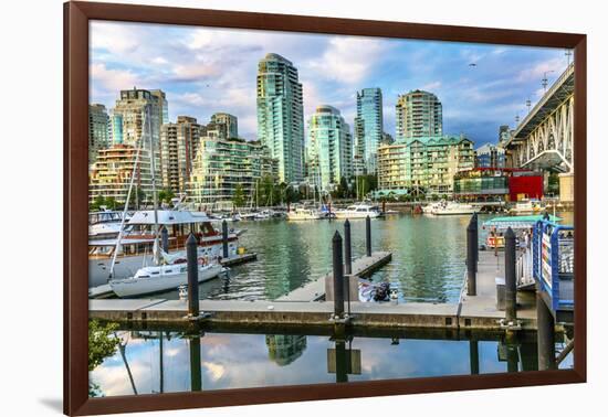 Granville Island, Burrard Street Bridge, yachts and apartment buildings. Vancouver, British Columbi-William Perry-Framed Photographic Print