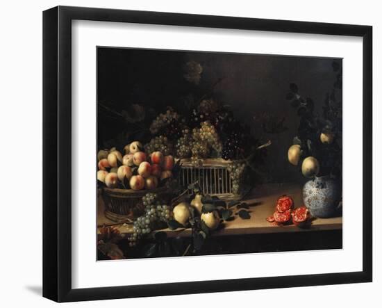 Grapes and Peaches in Wicker Baskets, with Apples, Pears, and Pomegranates on a Table-Cristofano Allori-Framed Giclee Print