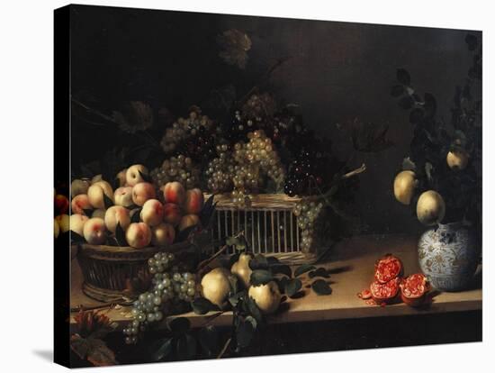 Grapes and Peaches in Wicker Baskets, with Apples, Pears, and Pomegranates on a Table-Cristofano Allori-Stretched Canvas