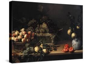 Grapes and Peaches in Wicker Baskets, with Apples, Pears, and Pomegranates on a Table-Cristofano Allori-Stretched Canvas