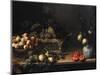 Grapes and Peaches in Wicker Baskets, with Apples, Pears, and Pomegranates on a Table-Cristofano Allori-Mounted Giclee Print