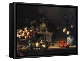 Grapes and Peaches in Wicker Baskets, with Apples, Pears, and Pomegranates on a Table-Cristofano Allori-Framed Stretched Canvas