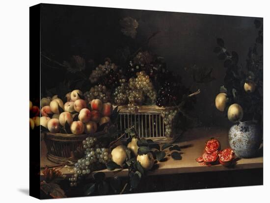 Grapes and Peaches in Wicker Baskets, with Apples, Pears, and Pomegranates on a Table-Cristofano Allori-Stretched Canvas