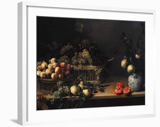 Grapes and Peaches in Wicker Baskets, with Apples, Pears, and Pomegranates on a Table-Cristofano Allori-Framed Giclee Print