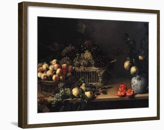 Grapes and Peaches in Wicker Baskets, with Apples, Pears, and Pomegranates on a Table-Cristofano Allori-Framed Giclee Print
