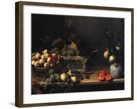 Grapes and Peaches in Wicker Baskets, with Apples, Pears, and Pomegranates on a Table-Cristofano Allori-Framed Giclee Print