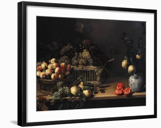 Grapes and Peaches in Wicker Baskets, with Apples, Pears, and Pomegranates on a Table-Cristofano Allori-Framed Giclee Print