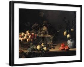 Grapes and Peaches in Wicker Baskets, with Apples, Pears, and Pomegranates on a Table-Cristofano Allori-Framed Giclee Print