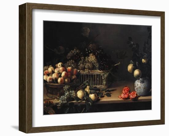 Grapes and Peaches in Wicker Baskets, with Apples, Pears, and Pomegranates on a Table-Cristofano Allori-Framed Giclee Print