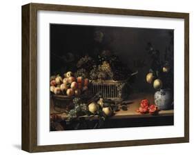 Grapes and Peaches in Wicker Baskets, with Apples, Pears, and Pomegranates on a Table-Cristofano Allori-Framed Giclee Print