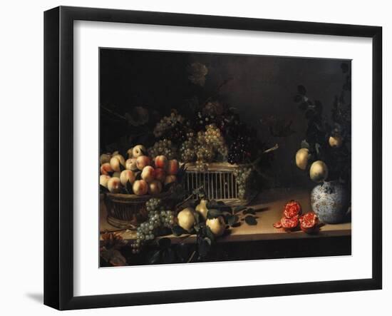 Grapes and Peaches in Wicker Baskets, with Apples, Pears, and Pomegranates on a Table-Cristofano Allori-Framed Giclee Print