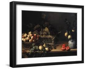 Grapes and Peaches in Wicker Baskets, with Apples, Pears, and Pomegranates on a Table-Cristofano Allori-Framed Giclee Print