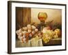 Grapes, Apple, Plums and Peach with Hock Glass on Draped Ledge-Edward Ladell-Framed Giclee Print