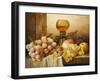 Grapes, Apple, Plums and Peach with Hock Glass on Draped Ledge-Edward Ladell-Framed Giclee Print