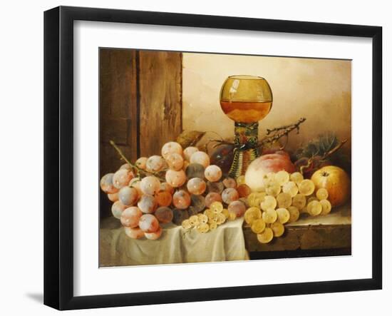 Grapes, Apple, Plums and Peach with Hock Glass on Draped Ledge-Edward Ladell-Framed Giclee Print