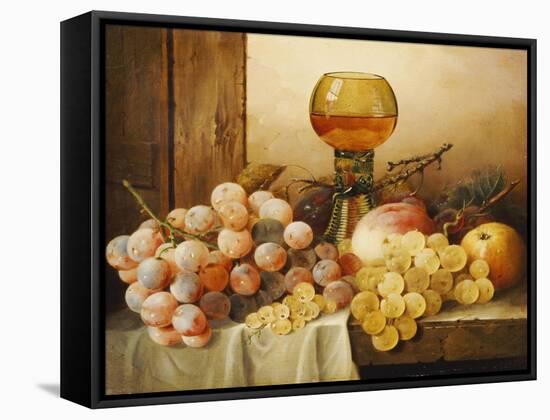 Grapes, Apple, Plums and Peach with Hock Glass on Draped Ledge-Edward Ladell-Framed Stretched Canvas