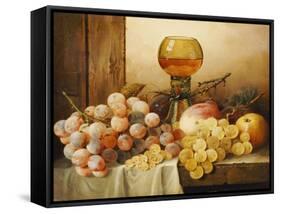 Grapes, Apple, Plums and Peach with Hock Glass on Draped Ledge-Edward Ladell-Framed Stretched Canvas