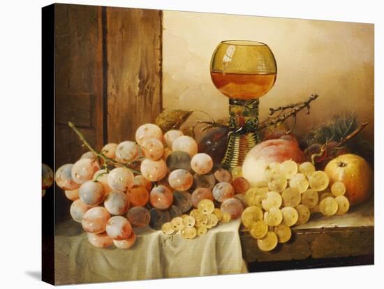 Grapes, Apple, Plums and Peach with Hock Glass on Draped Ledge-Edward Ladell-Stretched Canvas