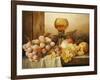Grapes, Apple, Plums and Peach with Hock Glass on Draped Ledge-Edward Ladell-Framed Giclee Print