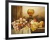 Grapes, Apple, Plums and Peach with Hock Glass on Draped Ledge-Edward Ladell-Framed Giclee Print