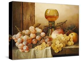 Grapes, Apple, Plums and Peach with Hock Glass on Draped Ledge-Edward Ladell-Stretched Canvas