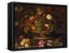 Grapes, Apples, a Peach and Plums in a Basket with Lily of the Valley-Balthasar van der Ast-Framed Stretched Canvas