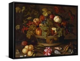 Grapes, Apples, a Peach and Plums in a Basket with Lily of the Valley-Balthasar van der Ast-Framed Stretched Canvas