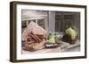 Grapes, Bread, Sausages and Wine on Wooden Bench in Front of Farmhouse-Eising Studio - Food Photo and Video-Framed Photographic Print