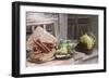 Grapes, Bread, Sausages and Wine on Wooden Bench in Front of Farmhouse-Eising Studio - Food Photo and Video-Framed Photographic Print