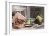 Grapes, Bread, Sausages and Wine on Wooden Bench in Front of Farmhouse-Eising Studio - Food Photo and Video-Framed Photographic Print