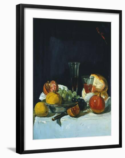 Grapes, Lemons and Pomegranates with White Wine Glasses and Loaf of Bread-George Leslie Hunter-Framed Giclee Print
