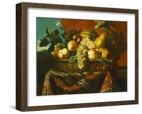 Grapes, Peaches, Plums, Pears and a Melon in a Basket with a Parakeet, a Red Squirrel and a…-Pierre Dupuis-Framed Giclee Print