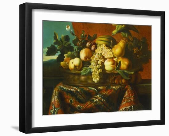 Grapes, Peaches, Plums, Pears and a Melon in a Basket with a Parakeet, a Red Squirrel and a…-Pierre Dupuis-Framed Giclee Print