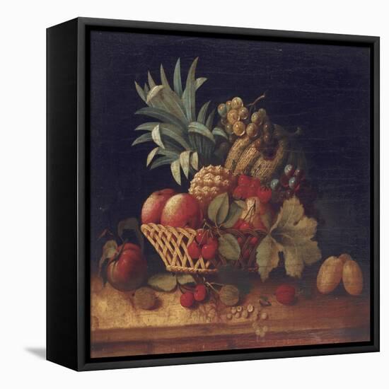 Grapes, Plums, Cherries, Peaches, an Apple, a Pineapple, and a Melon, in a Wicker Basket-Charles Lewis-Framed Stretched Canvas