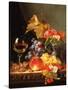 Grapes, Plums, White currants, Strawberries with Wine on a Wooden Ledge-Edward Ladell-Stretched Canvas