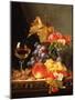Grapes, Plums, White currants, Strawberries with Wine on a Wooden Ledge-Edward Ladell-Mounted Giclee Print