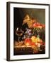 Grapes, Plums, White currants, Strawberries with Wine on a Wooden Ledge-Edward Ladell-Framed Giclee Print