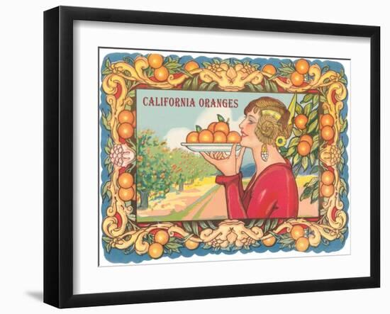 Graphic of Woman Holding Plate of Oranges, California-null-Framed Art Print