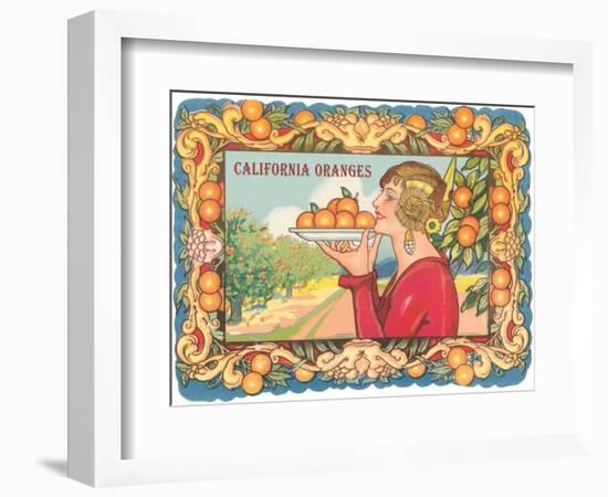 Graphic of Woman Holding Plate of Oranges, California-null-Framed Art Print