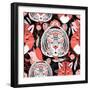 Graphic Pattern of Portraits of Beautiful Tigers and Foxes on a Black-Tatiana Korchemkina-Framed Premium Giclee Print