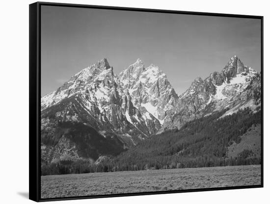 Grassy Valley Tree Covered Mt Side And Snow Covered Peaks Grand "Teton NP" Wyoming 1933-1942-Ansel Adams-Framed Stretched Canvas