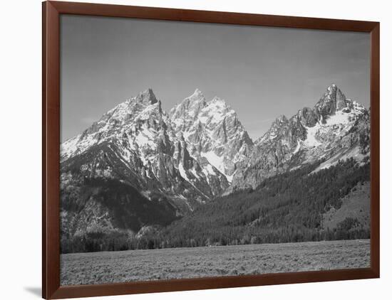 Grassy Valley Tree Covered Mt Side And Snow Covered Peaks Grand "Teton NP" Wyoming 1933-1942-Ansel Adams-Framed Art Print