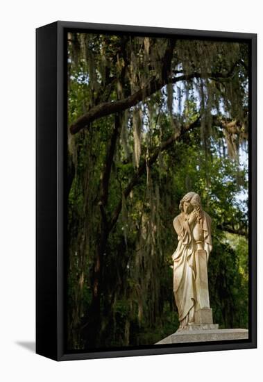 Graveyard Statue and Trees Draped in Spanish Moss at Entrance to Bonaventure Cemetery-Paul Souders-Framed Stretched Canvas