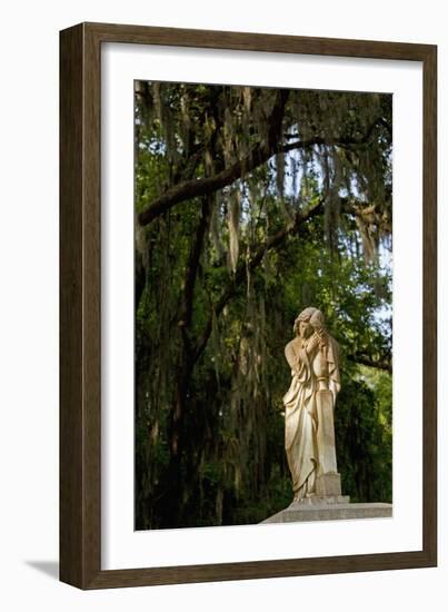 Graveyard Statue and Trees Draped in Spanish Moss at Entrance to Bonaventure Cemetery-Paul Souders-Framed Photographic Print