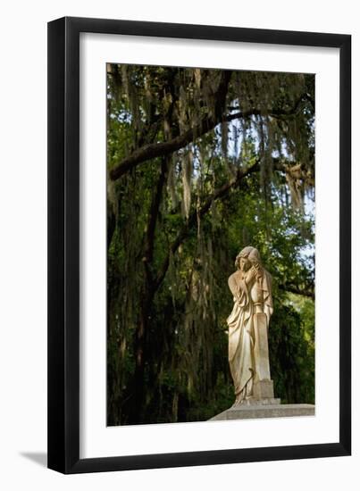 Graveyard Statue and Trees Draped in Spanish Moss at Entrance to Bonaventure Cemetery-Paul Souders-Framed Photographic Print