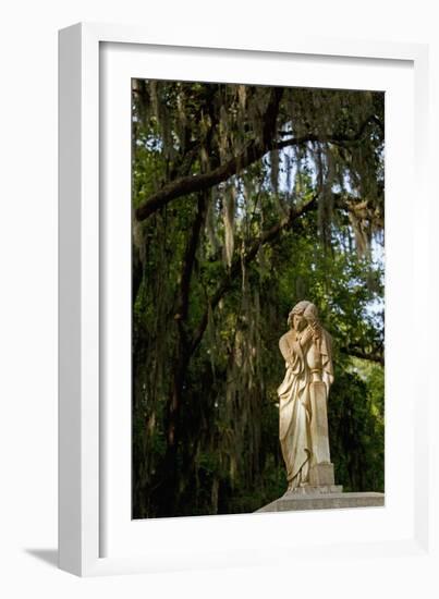 Graveyard Statue and Trees Draped in Spanish Moss at Entrance to Bonaventure Cemetery-Paul Souders-Framed Photographic Print