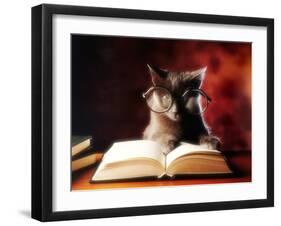 Gray Cat With Glasses Reading A Book-gila-Framed Photographic Print